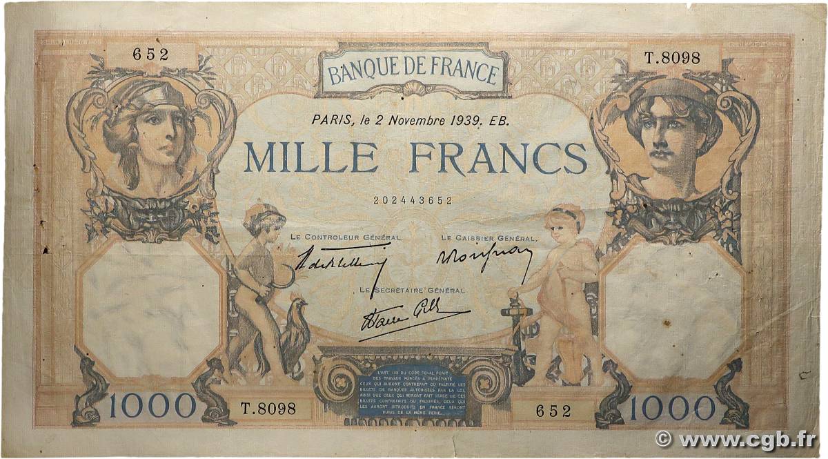 1000 Francs CÉRÈS ET MERCURE type modifié FRANCE  1939 F.38.38 TTB