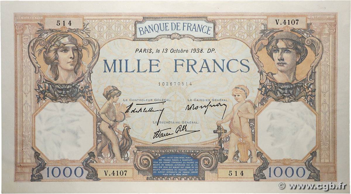 1000 Francs CÉRÈS ET MERCURE type modifié FRANCE  1938 F.38.29 SUP+