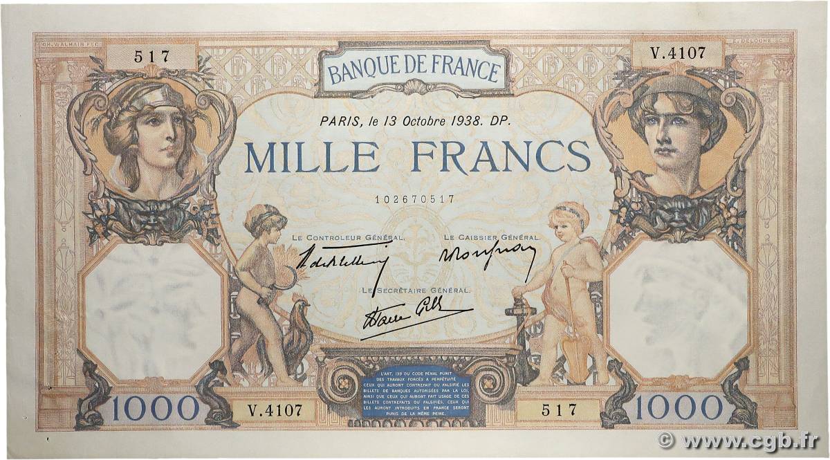 1000 Francs CÉRÈS ET MERCURE type modifié FRANCE  1938 F.38.29 SUP+