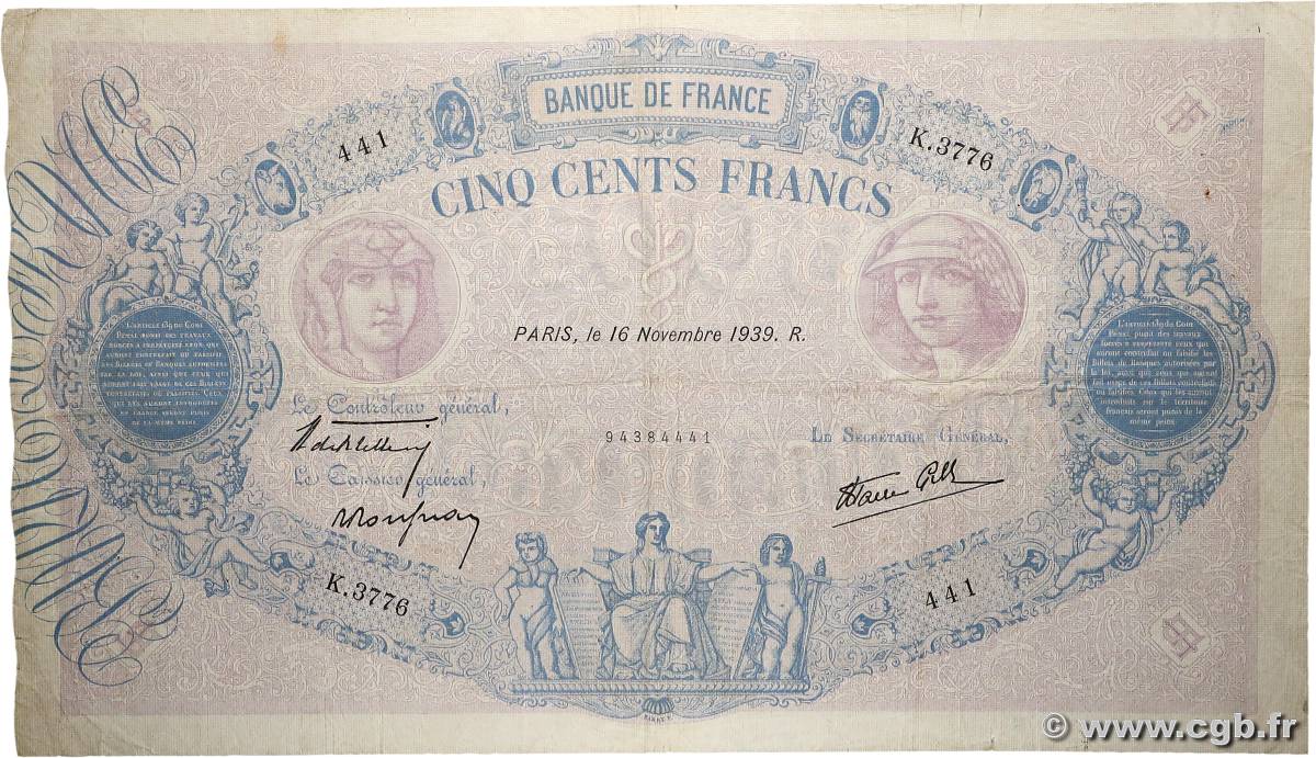 500 Francs BLEU ET ROSE modifié FRANCE  1939 F.31.48 pr.TTB