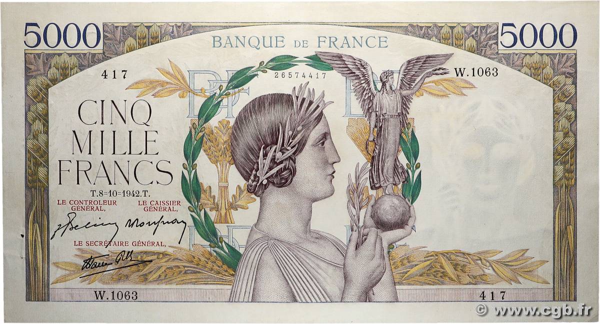 5000 Francs VICTOIRE Impression à plat FRANCE  1942 F.46.42 pr.SPL