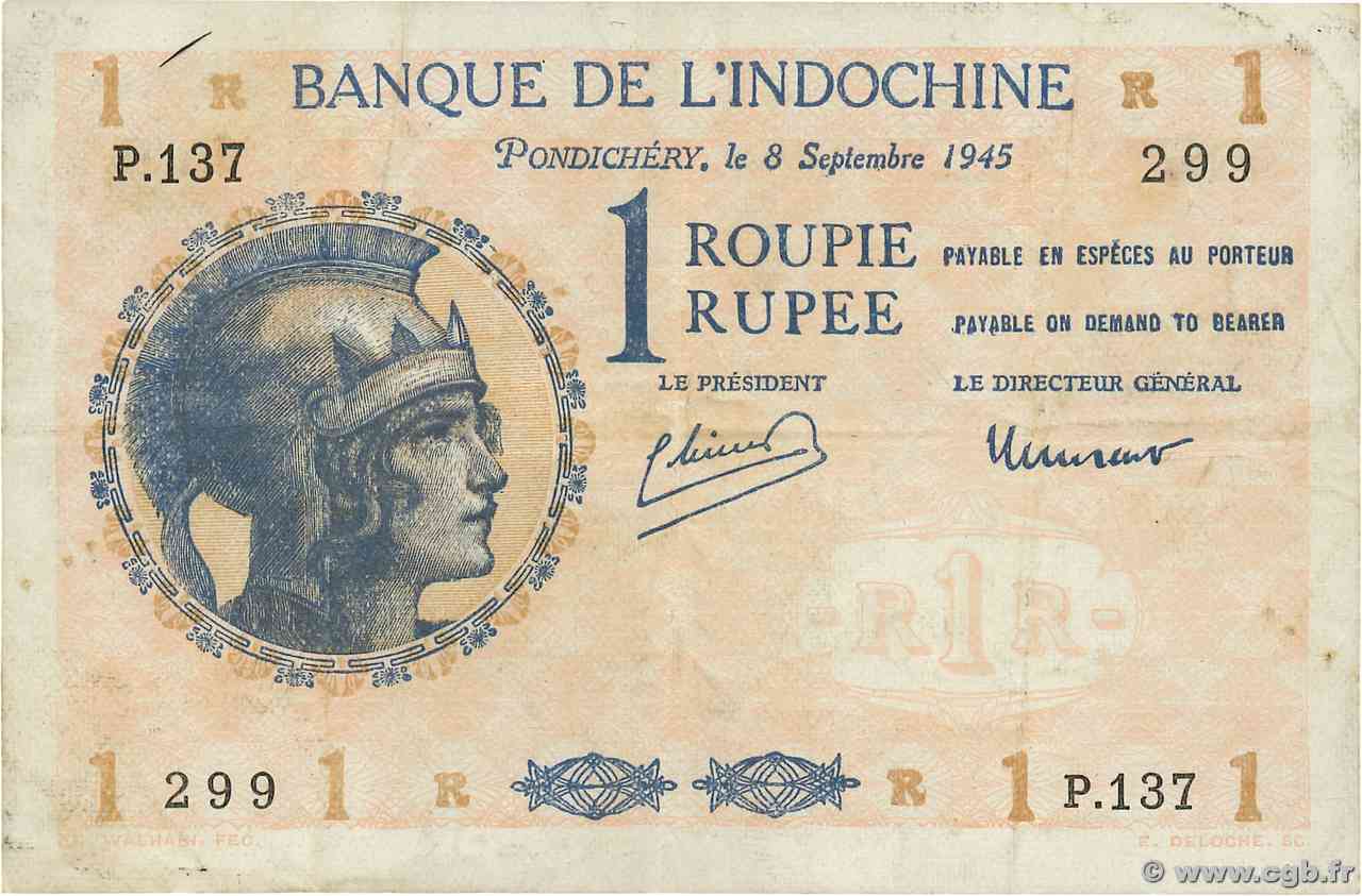 1 Rupee - 1 Roupie INDE FRANÇAISE  1945 P.04d TTB+