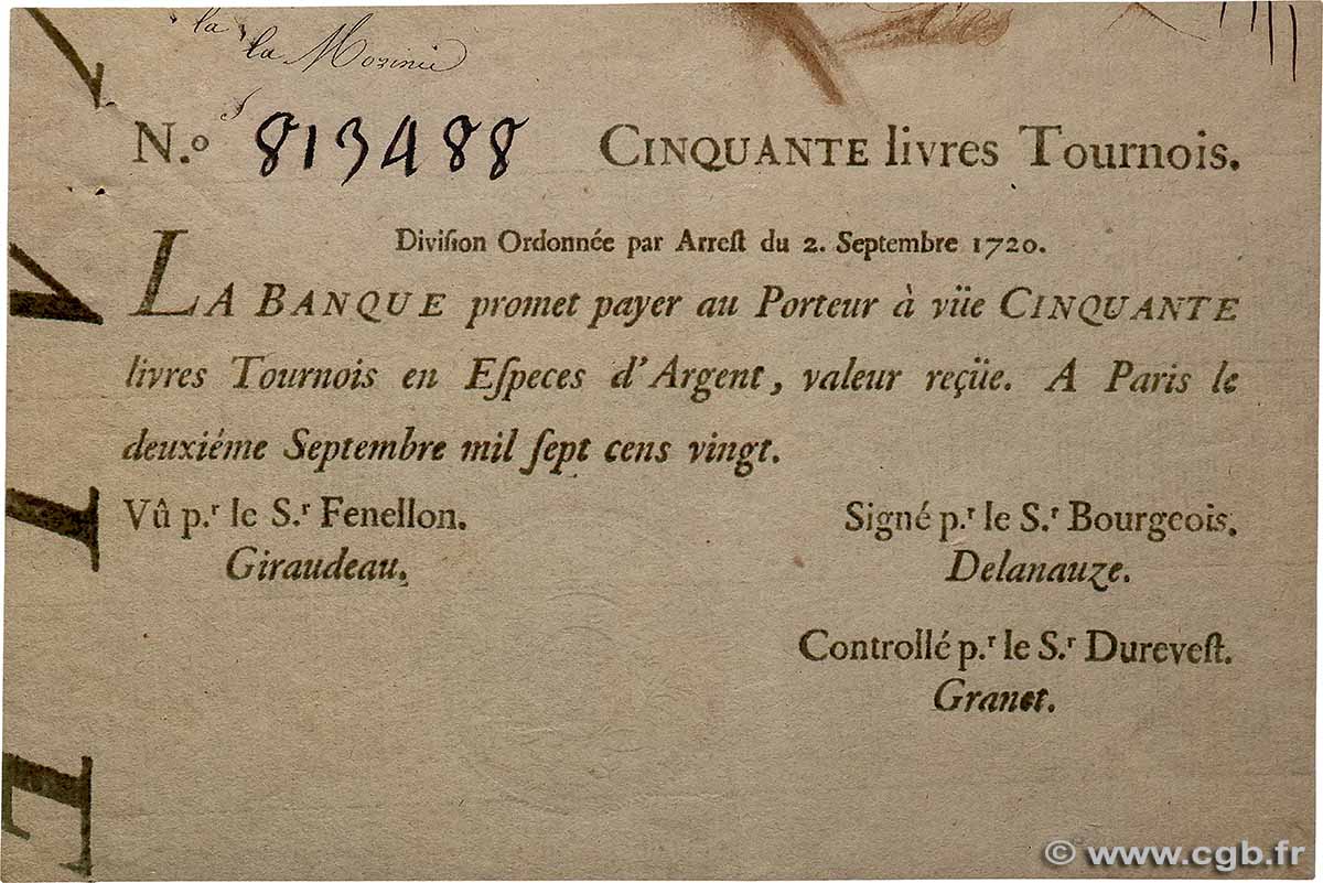 50 Livres Tournois typographié Faux FRANCIA  1720 Dor.24x EBC