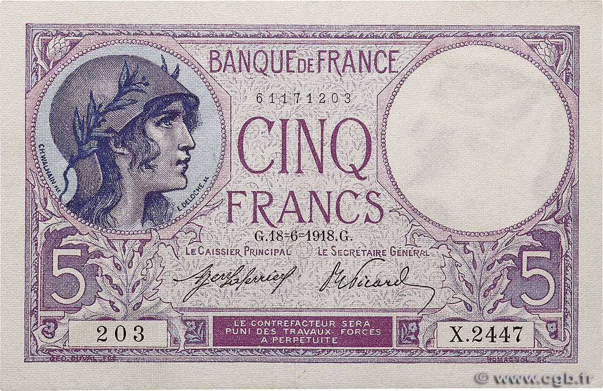 5 Francs FEMME CASQUÉE FRANCE  1918 F.03.02 NEUF