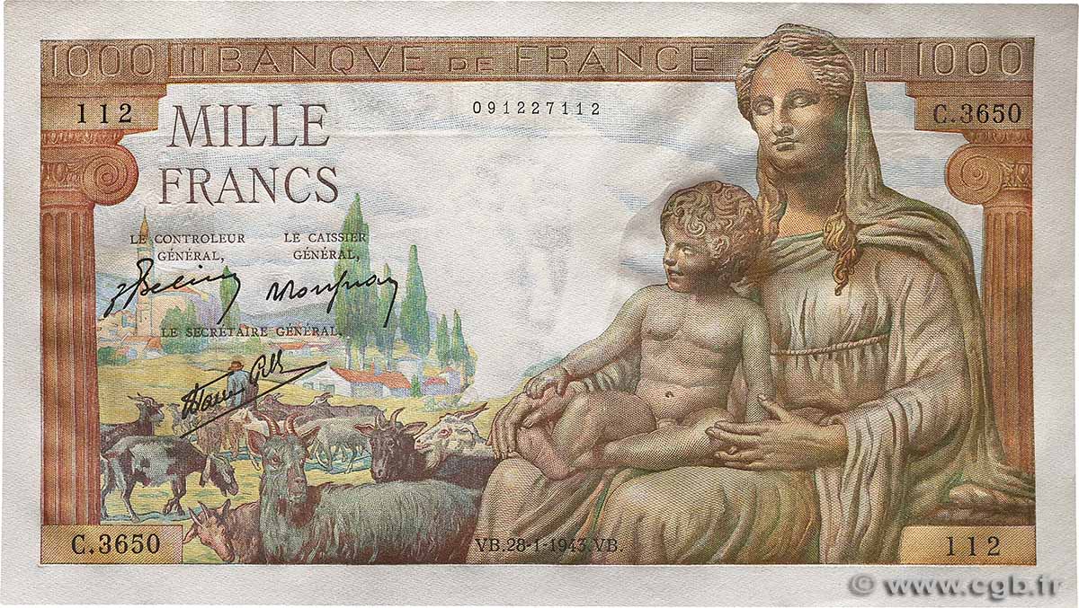 1000 Francs DÉESSE DÉMÉTER FRANCIA  1943 F.40.17 FDC