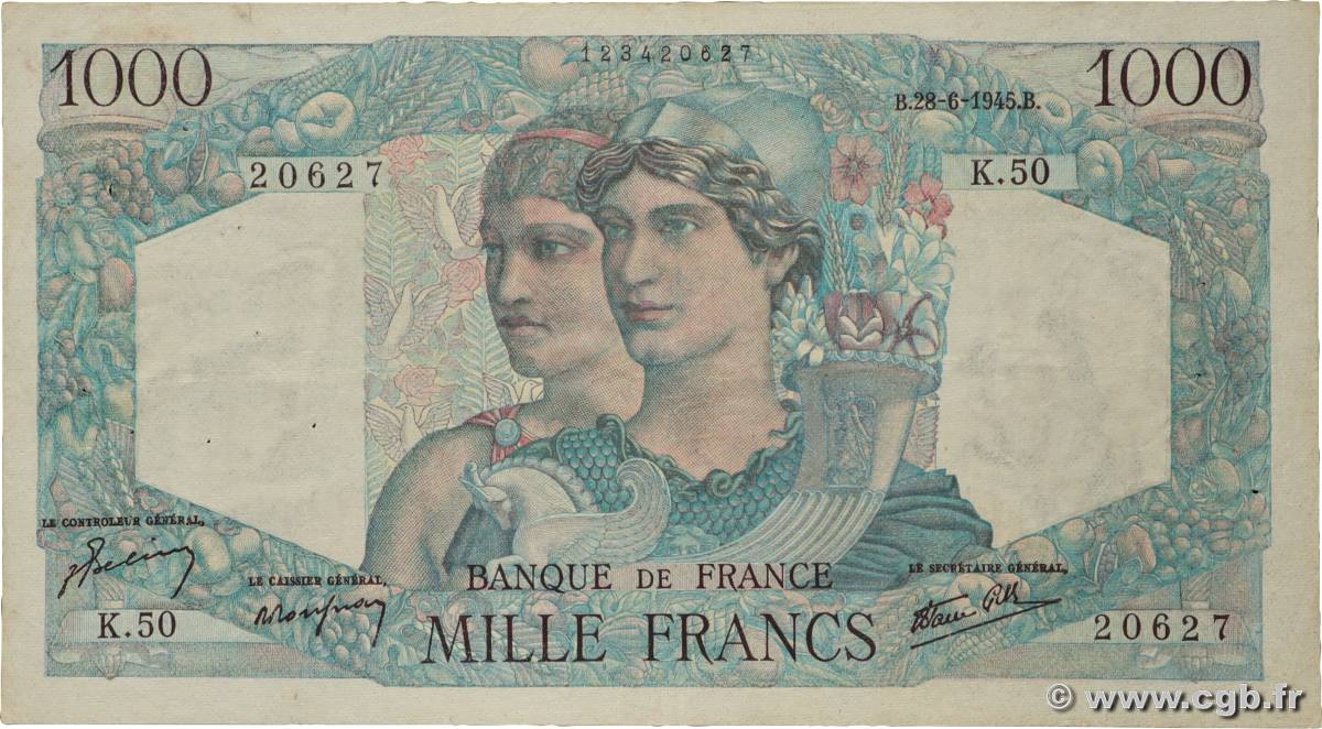 1000 Francs MINERVE ET HERCULE FRANCE  1945 F.41.05 TB