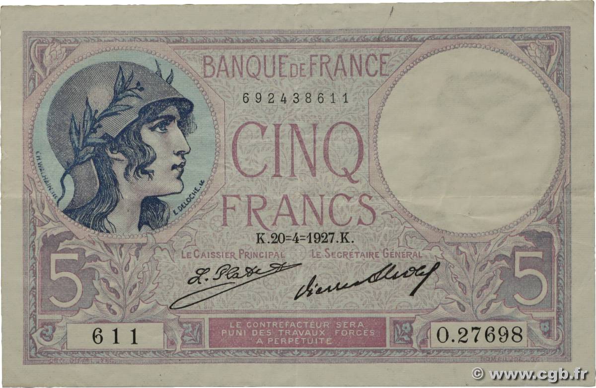 5 Francs FEMME CASQUÉE FRANCE  1927 F.03.11 TTB