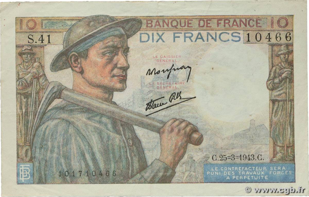 10 Francs MINEUR FRANCE  1943 F.08.08 TTB