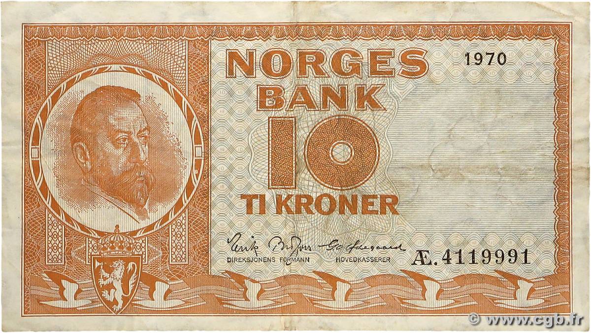 10 Kroner NORVÈGE  1970 P.31e TB