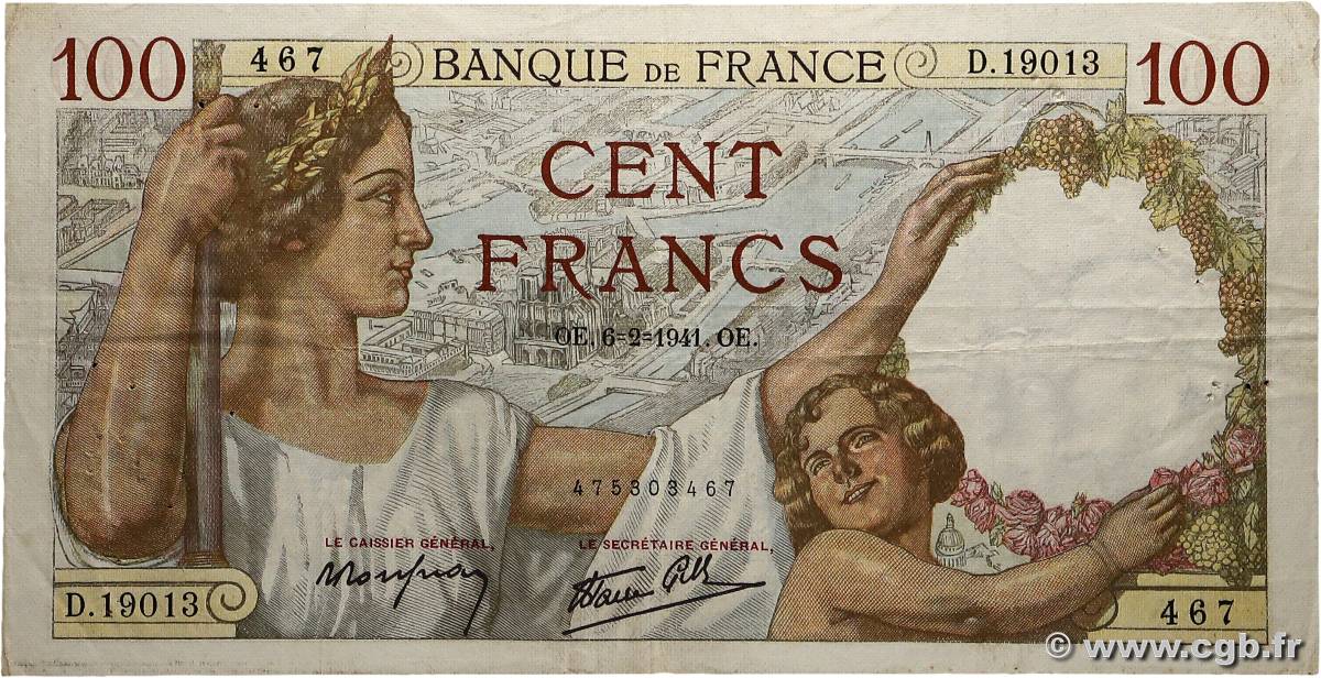 100 Francs SULLY FRANCE  1941 F.26.46 TTB