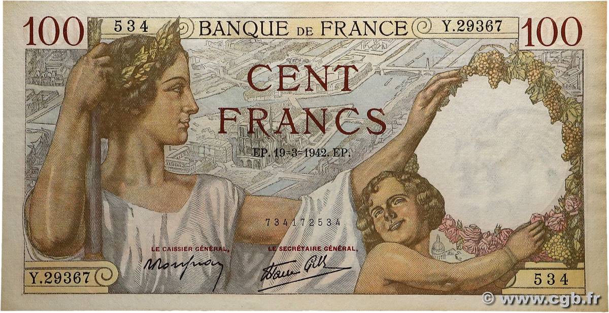 100 Francs SULLY FRANCE  1942 F.26.68 SUP