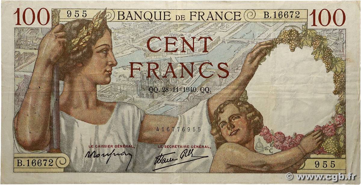 100 Francs SULLY FRANCE  1940 F.26.41 TB+