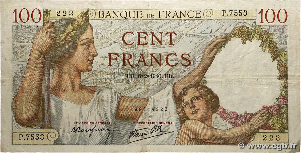 100 Francs SULLY FRANCE  1940 F.26.22 TB