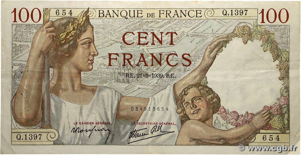 100 Francs SULLY FRANCE  1939 F.26.07 TTB