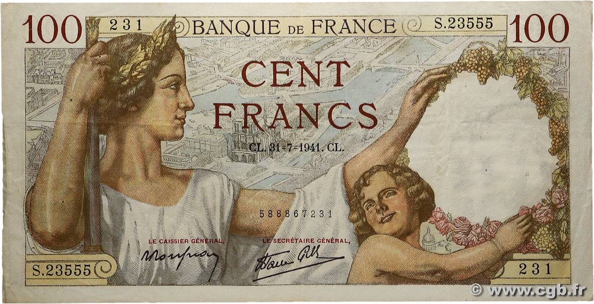100 Francs SULLY FRANCE  1941 F.26.56 TTB