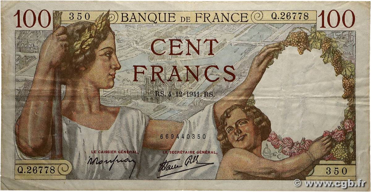 100 Francs SULLY FRANCE  1941 F.26.62 TTB