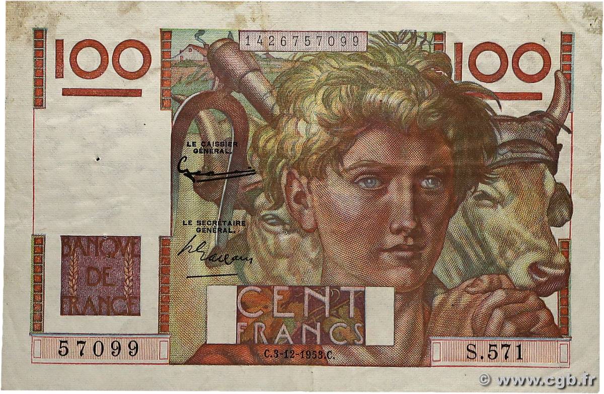 100 Francs JEUNE PAYSAN FRANCE  1953 F.28.40 TTB