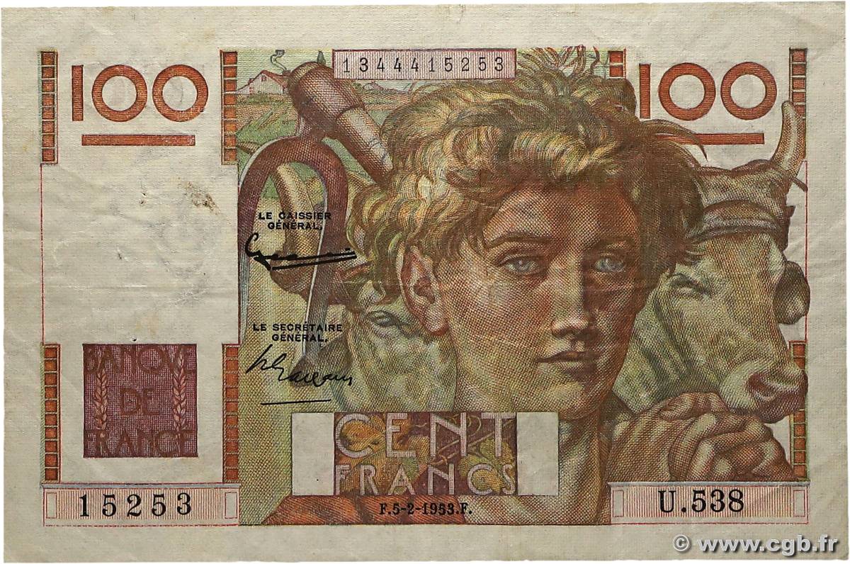 100 Francs JEUNE PAYSAN FRANCE  1953 F.28.36 TB