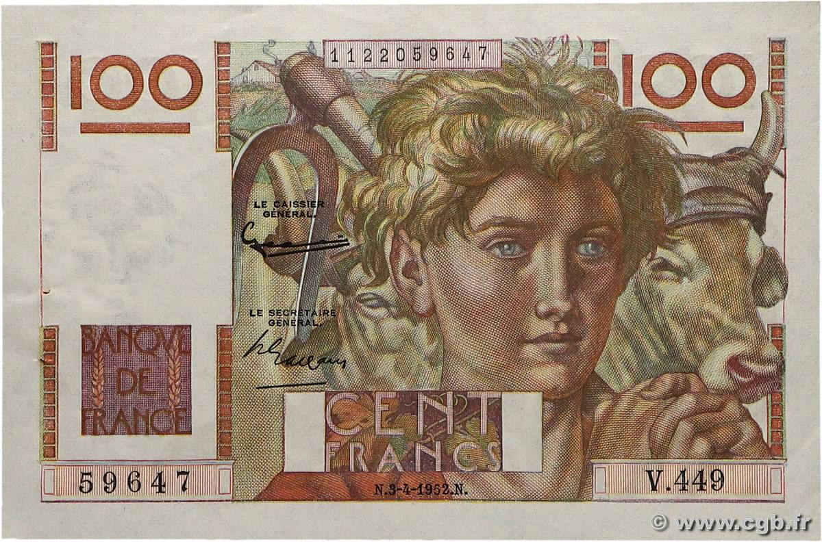 100 Francs JEUNE PAYSAN FRANCE  1952 F.28.32 SUP