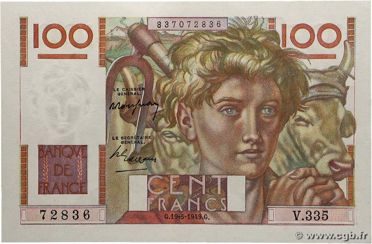 100 Francs JEUNE PAYSAN FRANCE  1949 F.28.24 SPL+