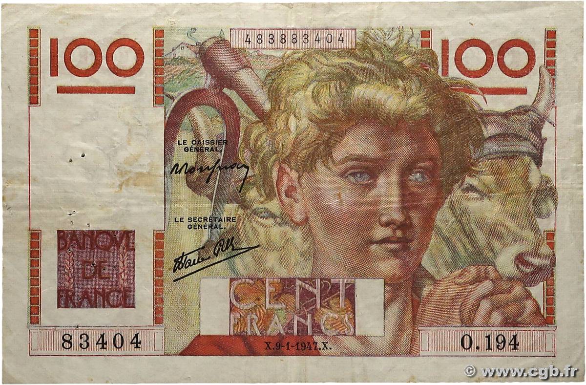 100 Francs JEUNE PAYSAN FRANCE  1947 F.28.13 TB