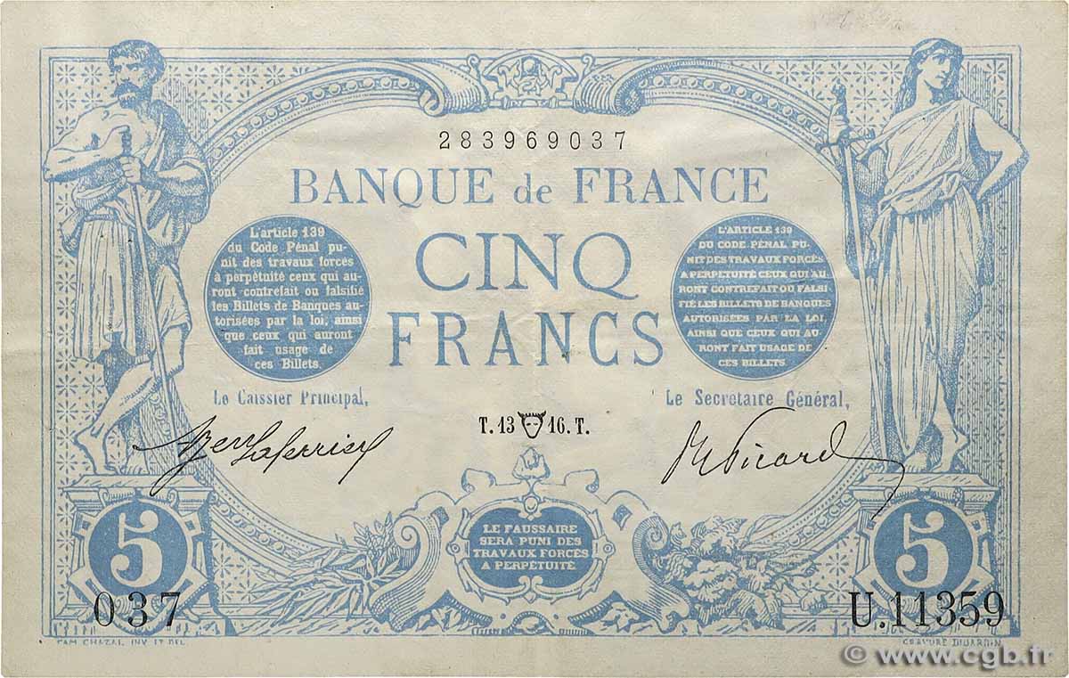 5 Francs BLEU FRANCIA  1916 F.02.38 MBC+