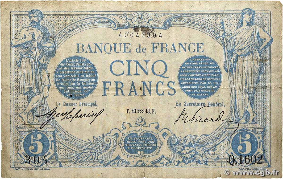 5 Francs BLEU FRANCE  1913 F.02.13 TB