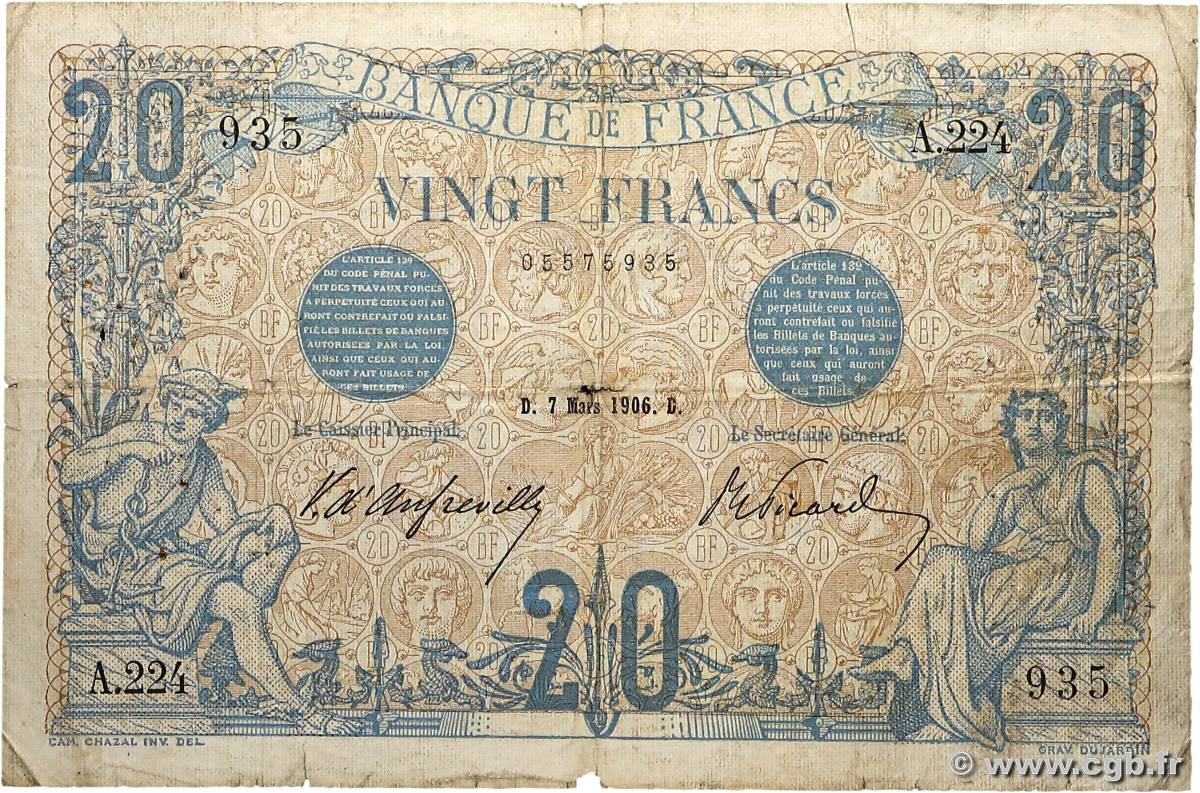 20 Francs BLEU FRANCE  1906 F.10.01 TB