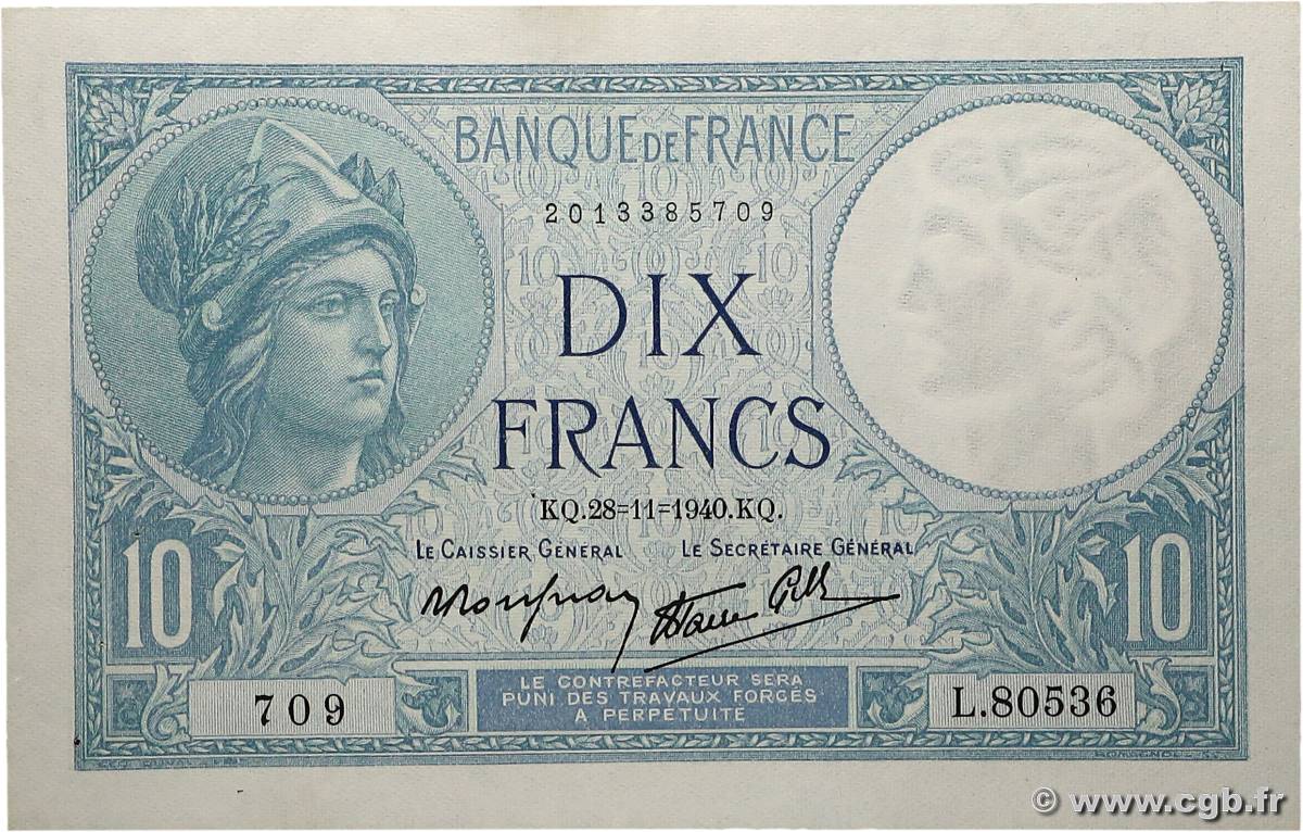10 Francs MINERVE modifié FRANCE  1940 F.07.22 SUP