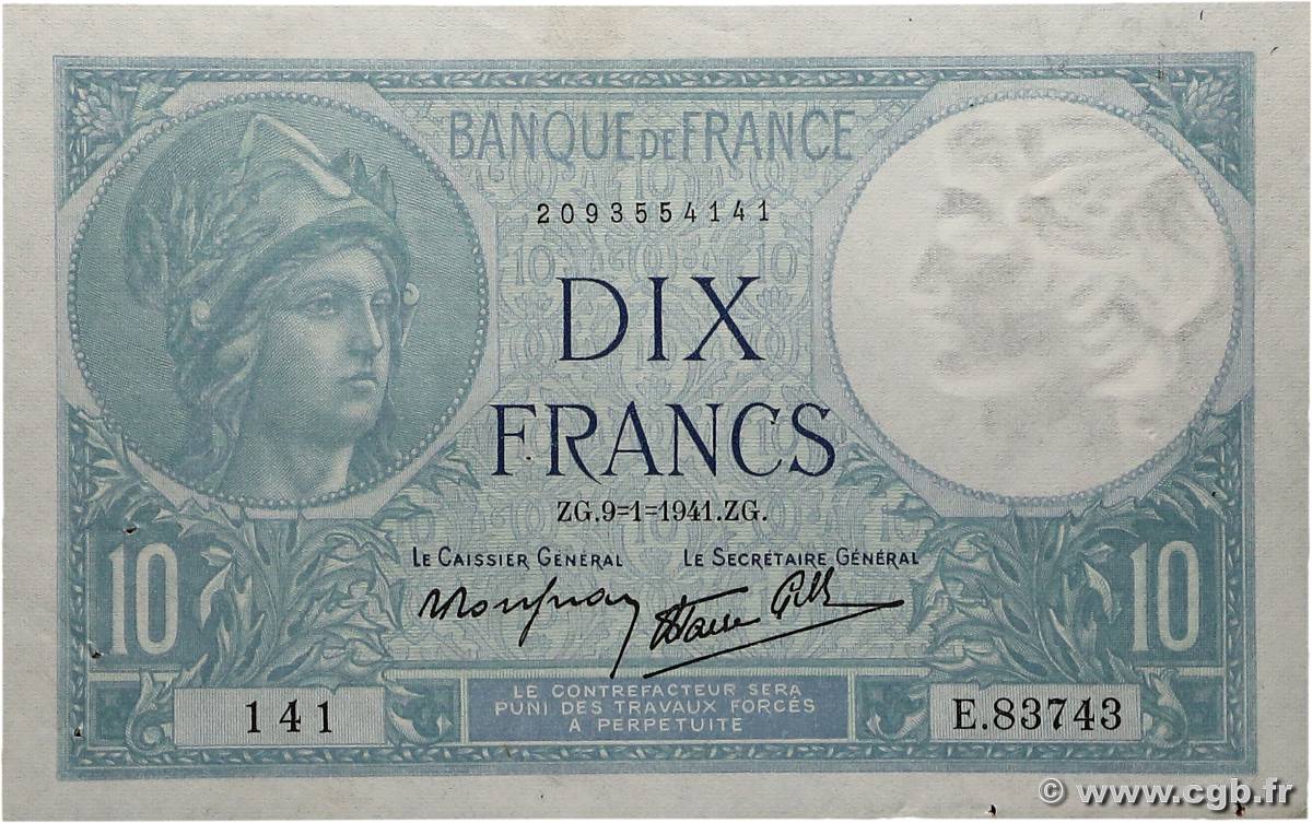 10 Francs MINERVE modifié FRANCE  1941 F.07.27 SUP