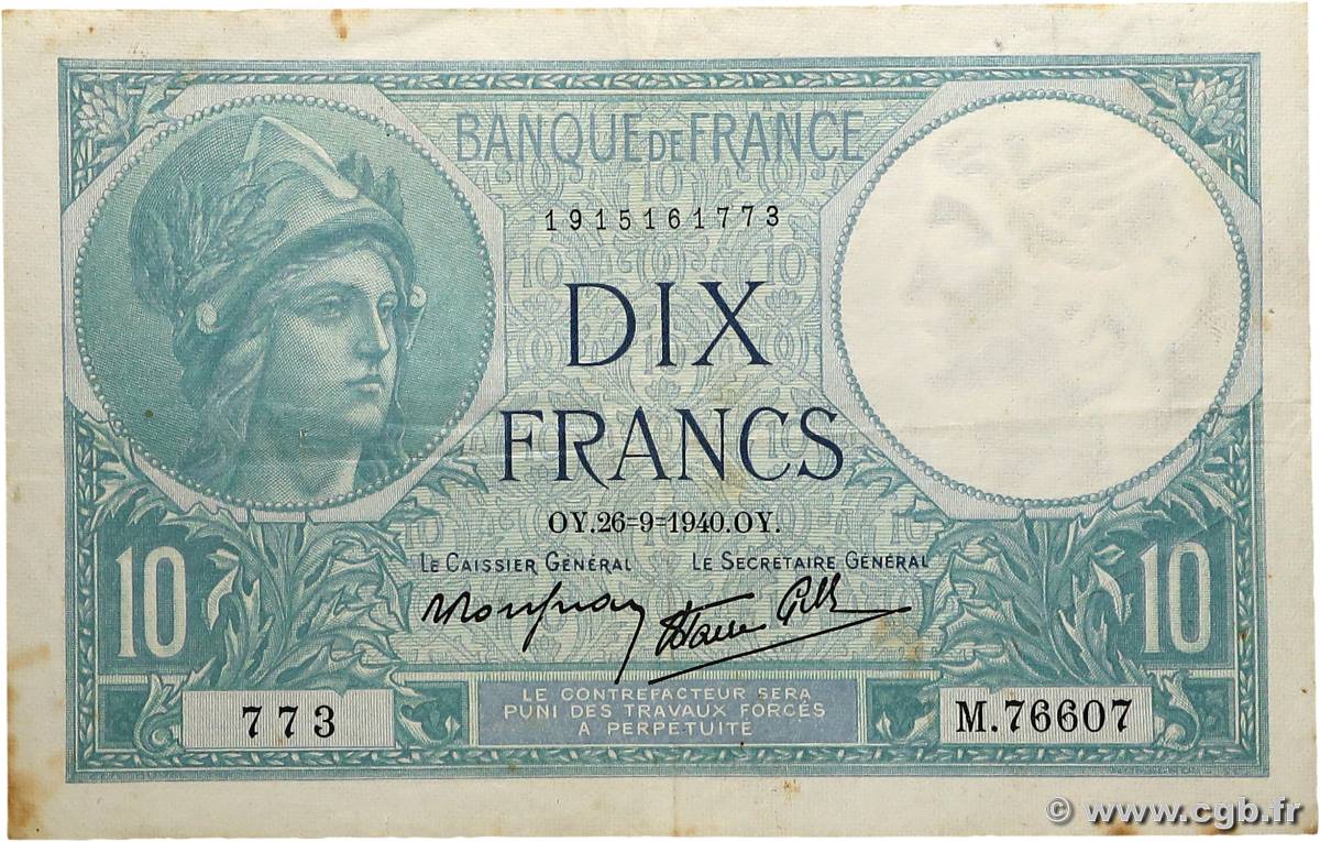 10 Francs MINERVE modifié FRANCE  1940 F.07.15 TTB