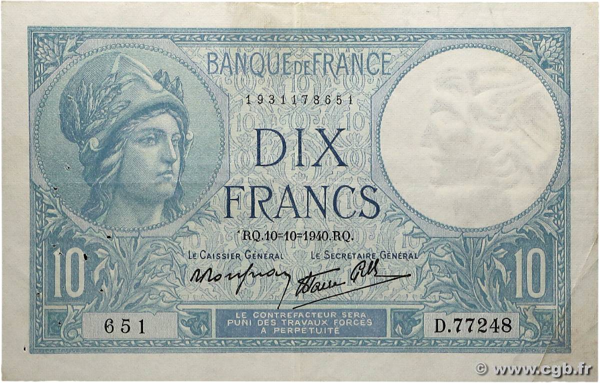 10 Francs MINERVE modifié FRANCE  1940 F.07.16 TTB
