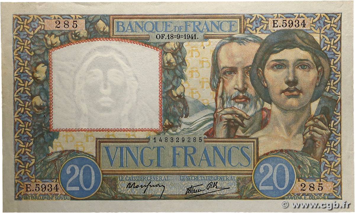 20 Francs TRAVAIL ET SCIENCE FRANCE  1941 F.12.18 XF