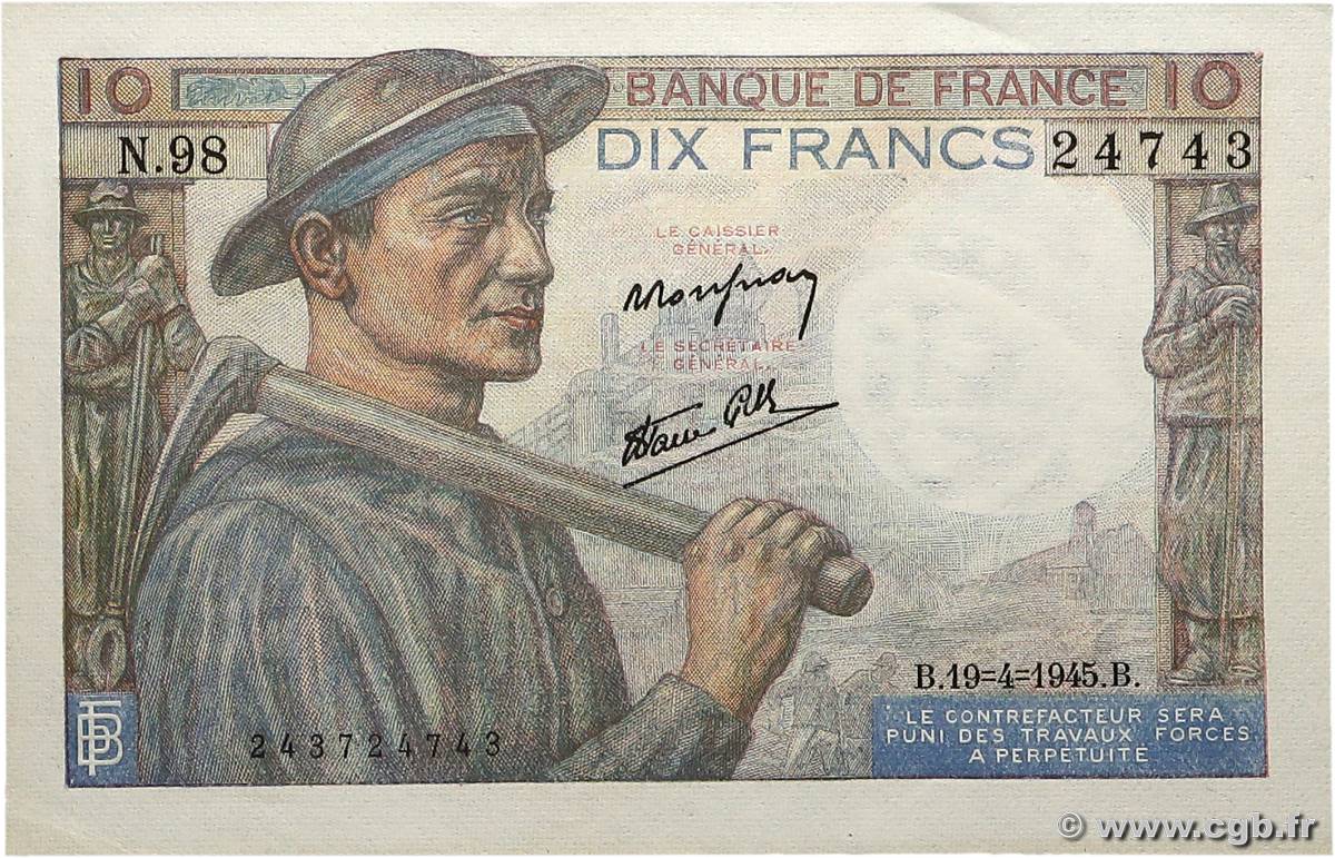 10 Francs MINEUR FRANCE  1945 F.08.13 XF