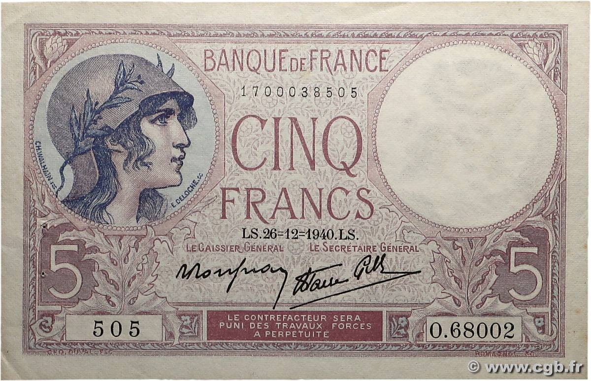 5 Francs FEMME CASQUÉE modifié FRANCE  1940 F.04.18 SUP+