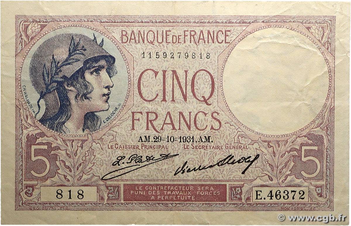 5 Francs FEMME CASQUÉE FRANCE  1931 F.03.15 VF