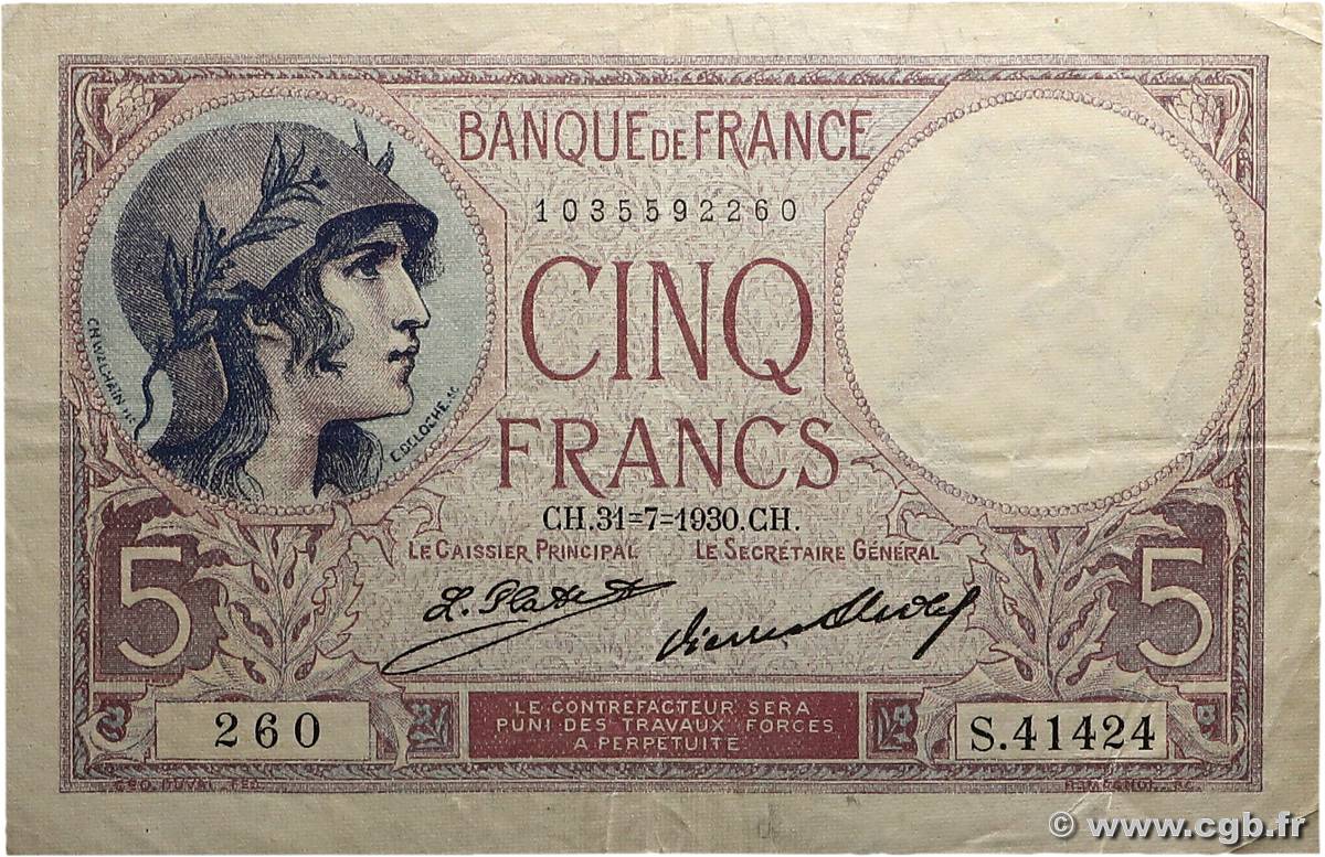 5 Francs FEMME CASQUÉE FRANCE  1930 F.03.14a TTB