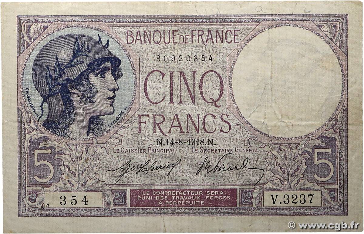 5 Francs FEMME CASQUÉE FRANCE  1918 F.03.02 F