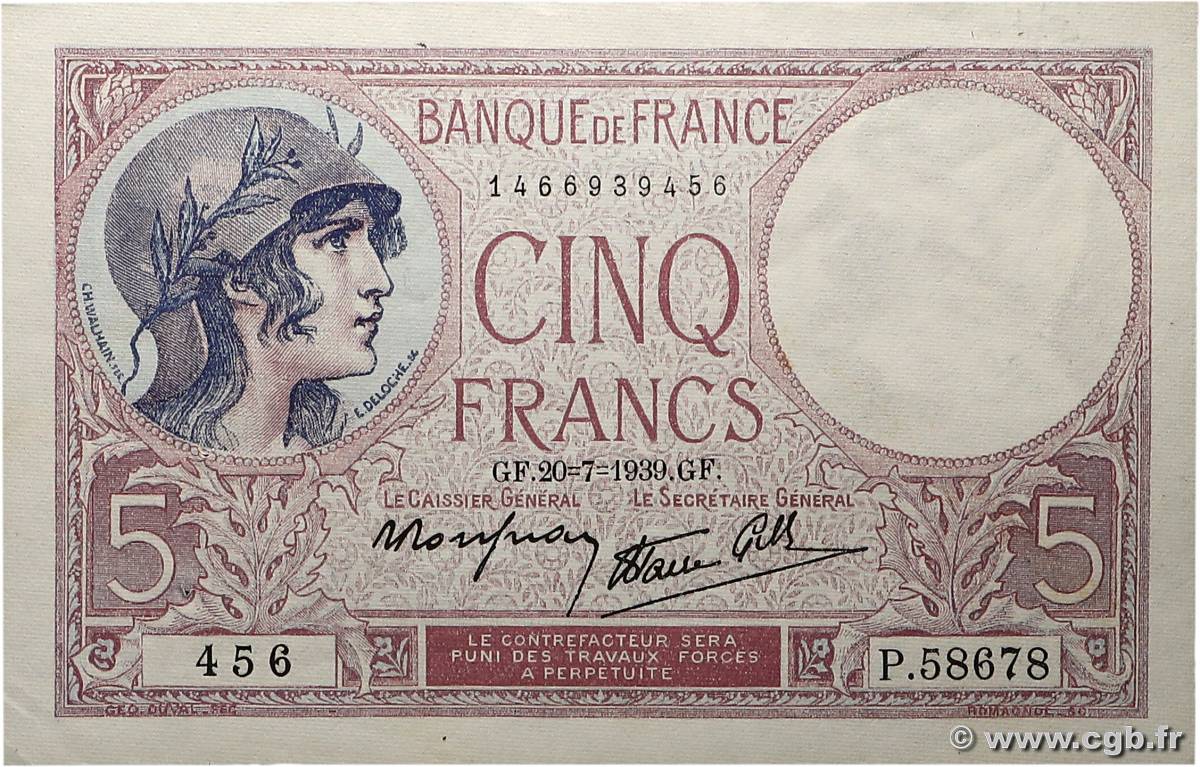 5 Francs FEMME CASQUÉE modifié FRANCE  1939 F.04.02 SUP+