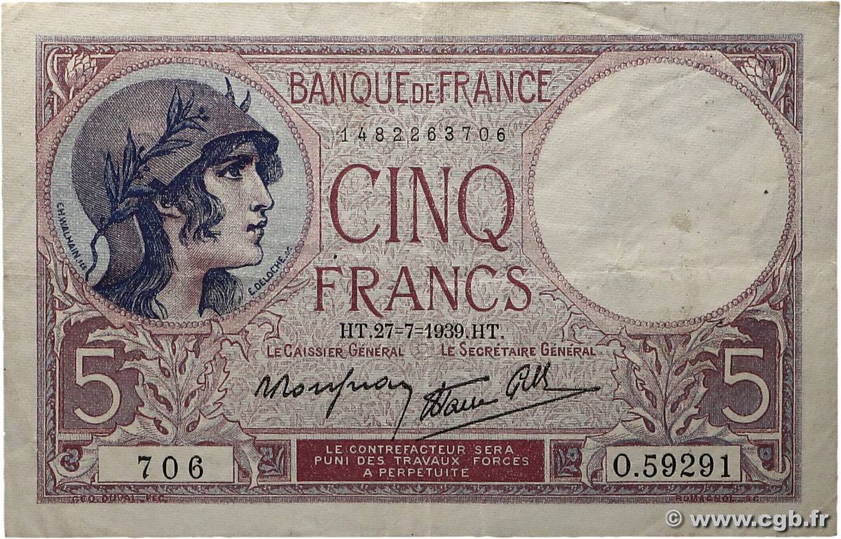 5 Francs FEMME CASQUÉE modifié FRANCE  1939 F.04.03 TTB