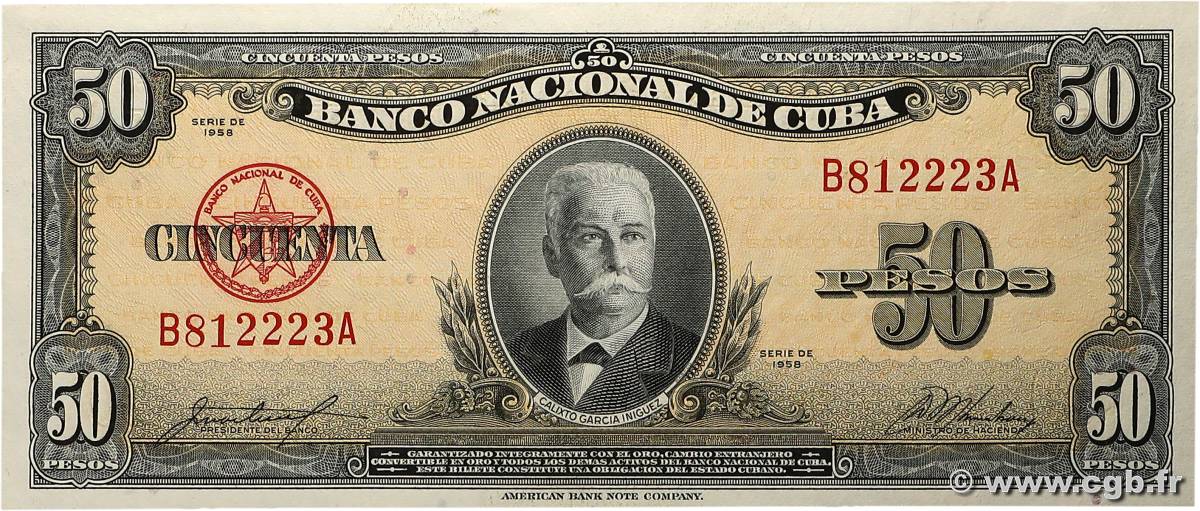 50 Pesos CUBA  1958 P.081b q.FDC