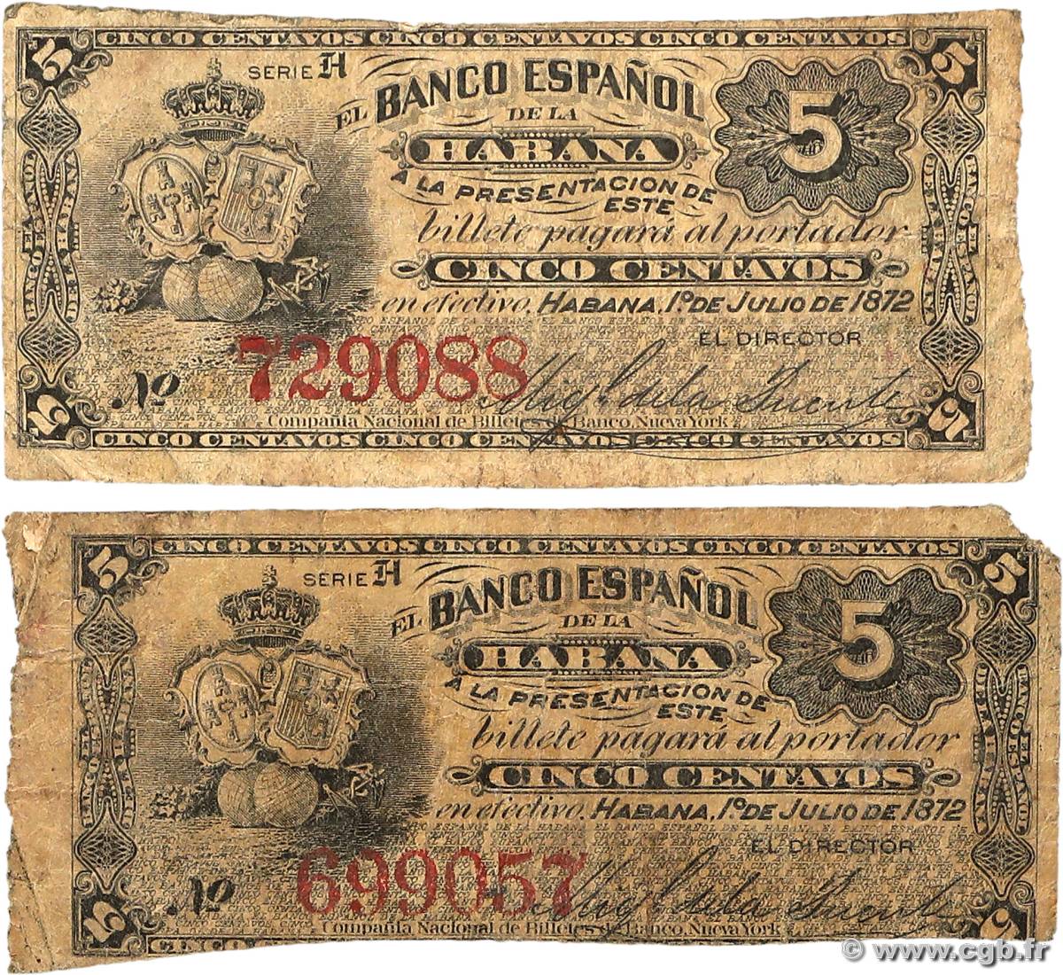 5 Centavos Lot CUBA  1872 P.029a B