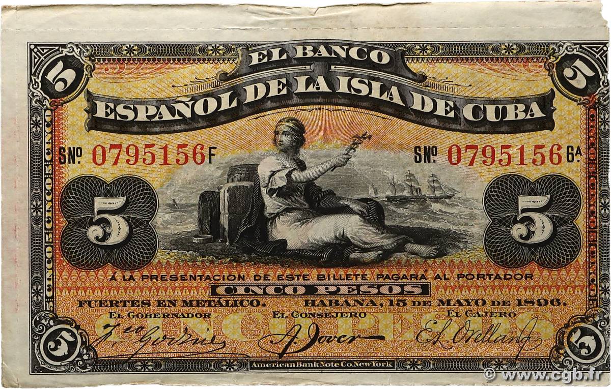 5 Pesos CUBA  1896 P.048b BB