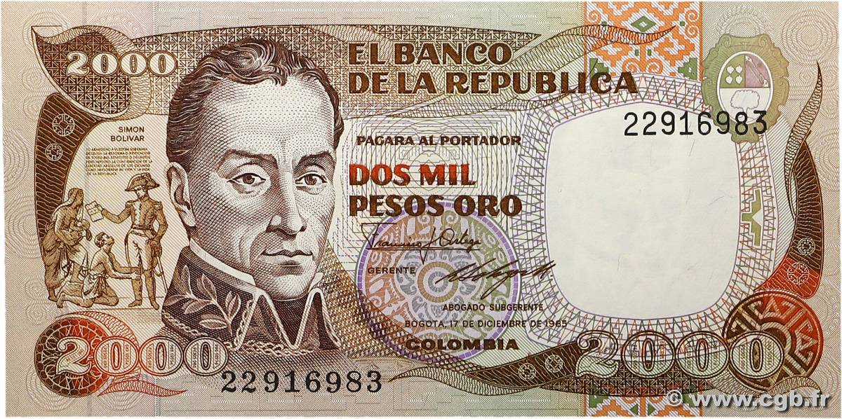 2000 Pesos Oro COLOMBIE  1985 P.430c NEUF