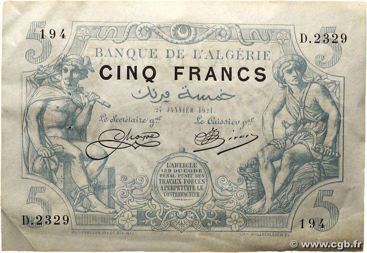 5 Francs ALGÉRIE  1921 P.071b TTB+