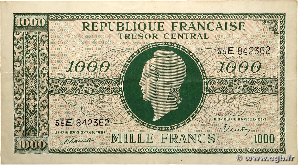 1000 Francs MARIANNE THOMAS DE LA RUE FRANCE  1945 VF.13.02 TTB