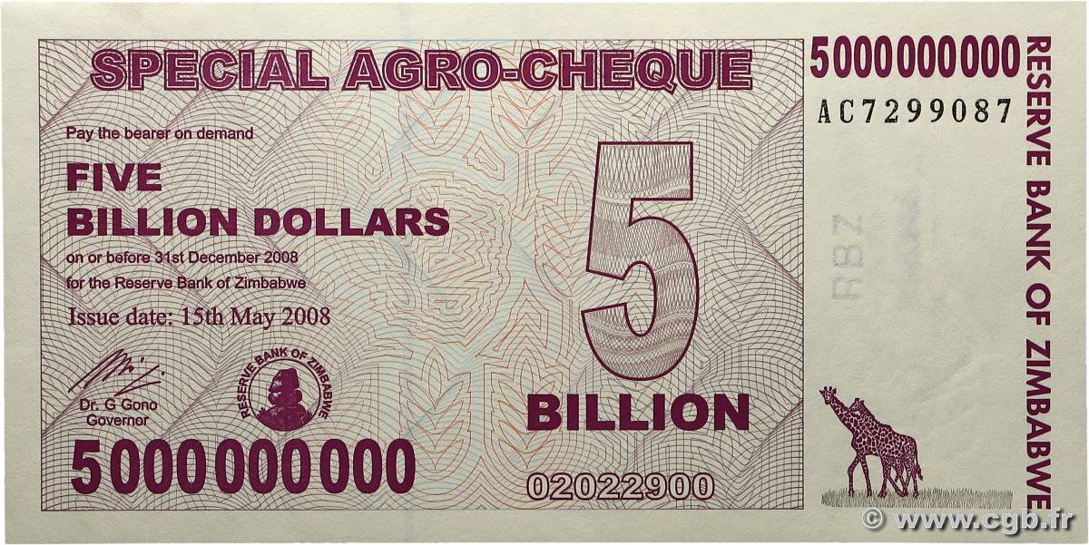 5 Billion Dollars ZIMBABWE  2008 P.61 UNC