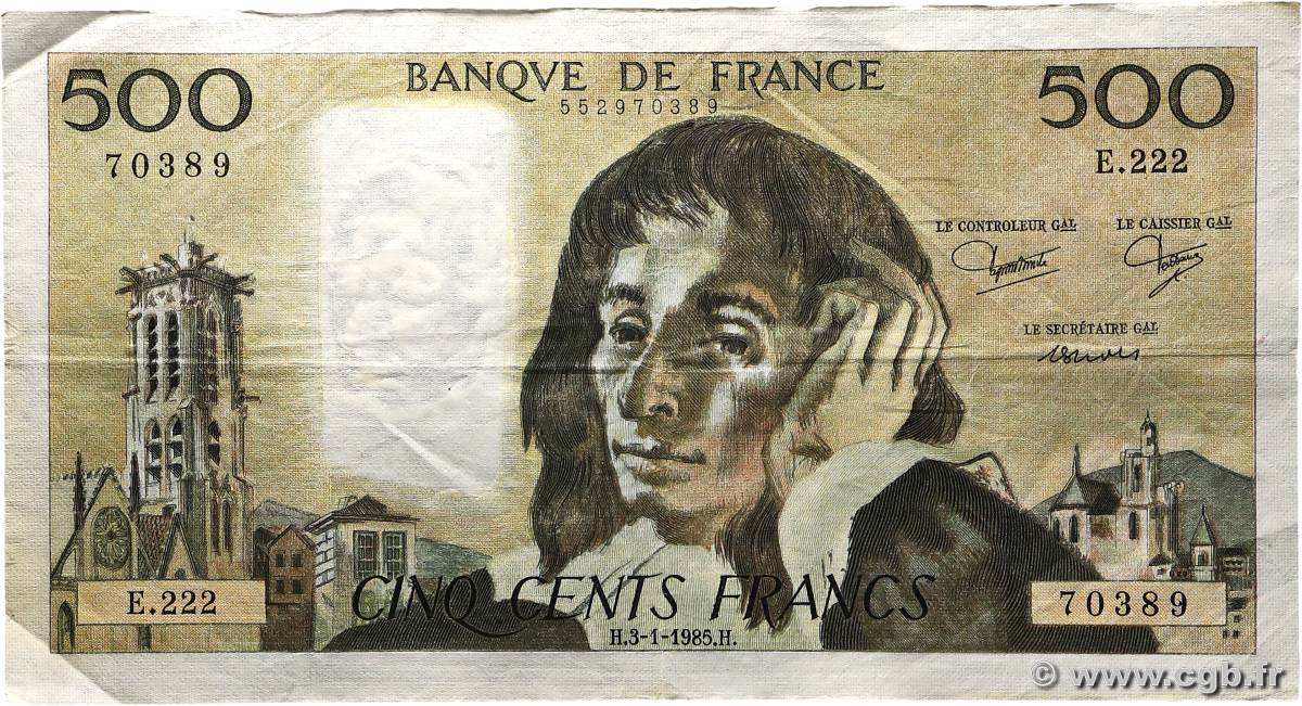 500 Francs PASCAL FRANCE  1985 F.71.32 TB+