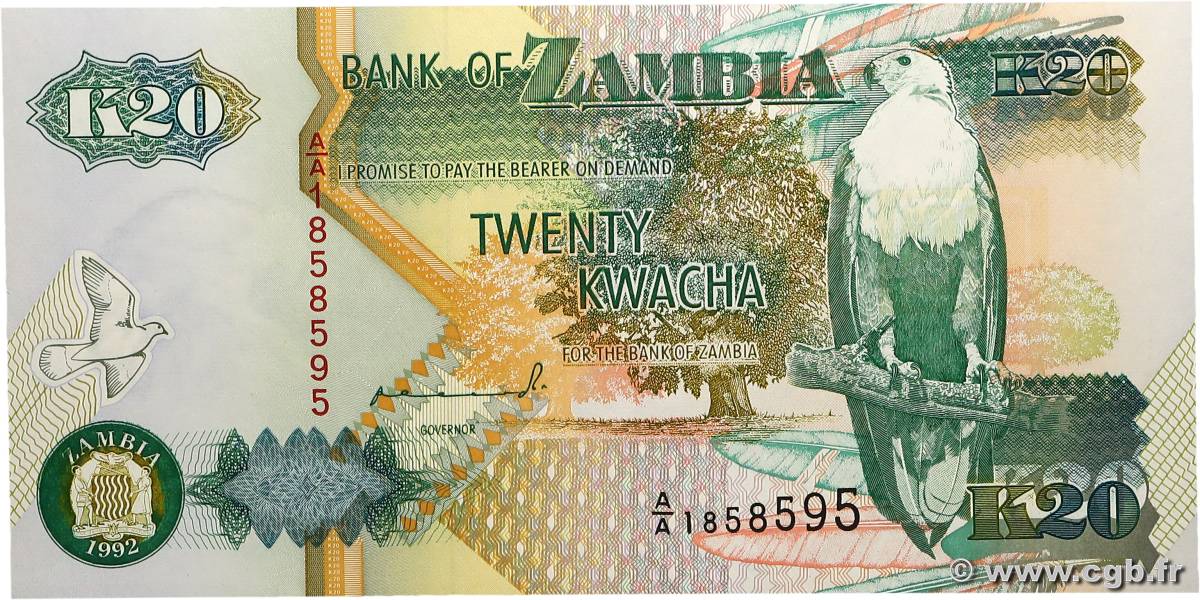 20 Kwacha ZAMBIA  1992 P.36b UNC