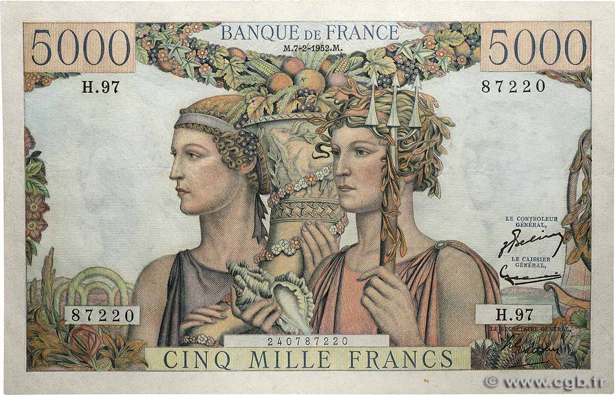 5000 Francs TERRE ET MER FRANCE  1952 F.48.06 XF
